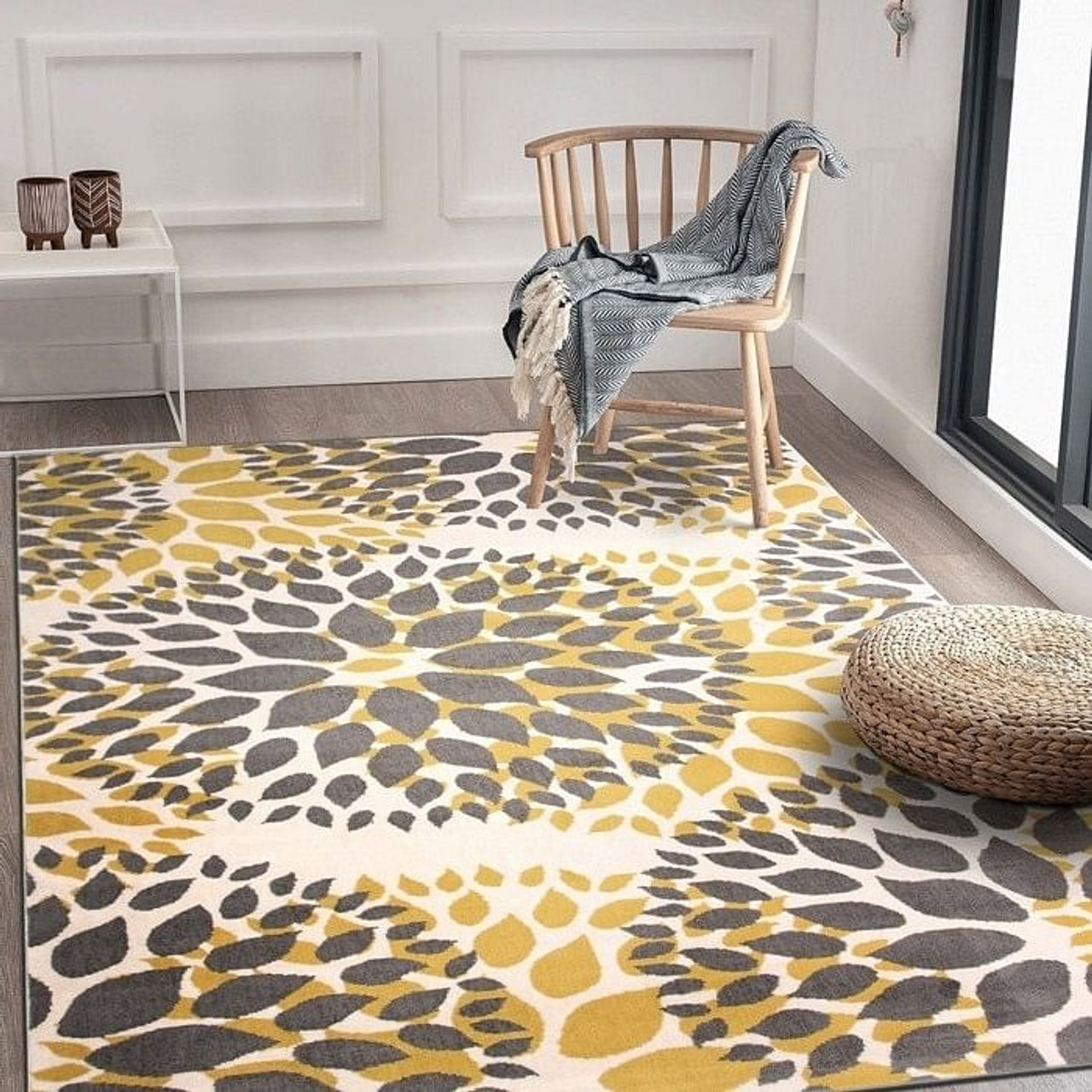 3'1" x 5' Grey Yellow Floral Woven Stain Resistant Polypropylene Area Rug