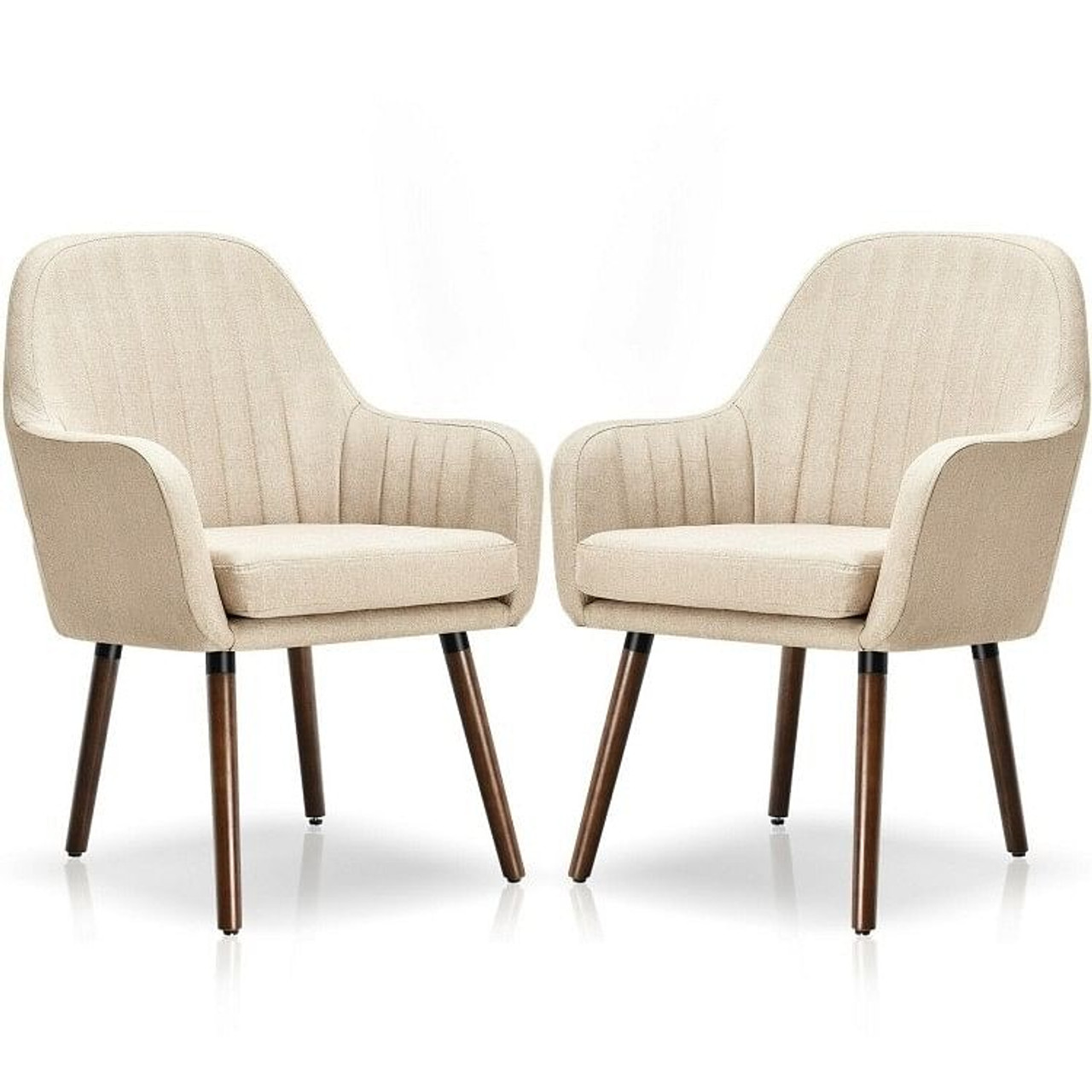 Set of 2 Retro Off-White Linen Upholstered Accent Chair with Stylish Wood Legs