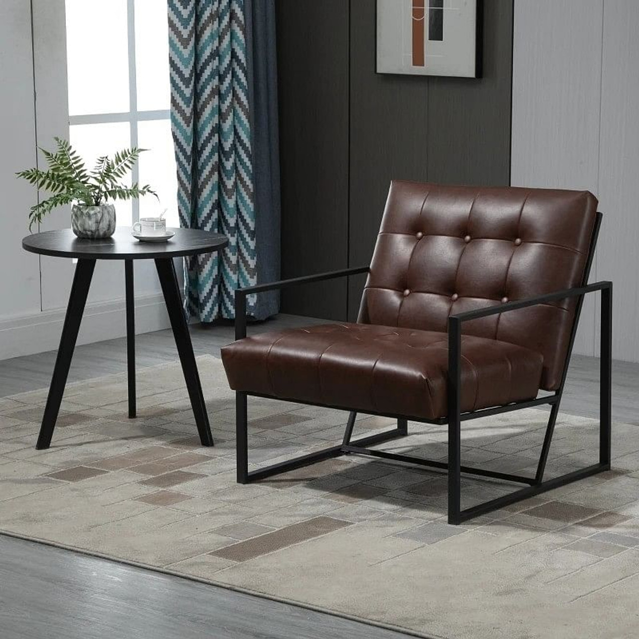 Retro Tufted Faux Leather Metal Frame Accent Chair - Brown