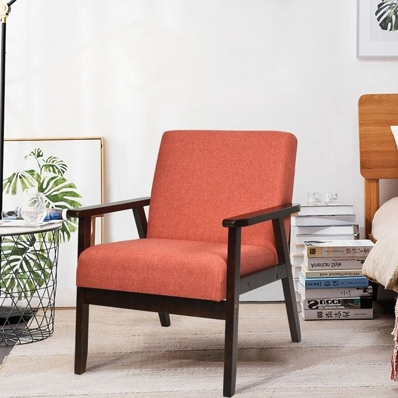 Retro Modern Classic Orange Linen Wide Accent Chair with Espresso Wood Frame