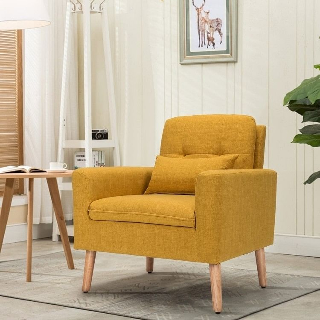 Yellow Linen Mid-Century Modern Living Room Accent Chair with Pillow