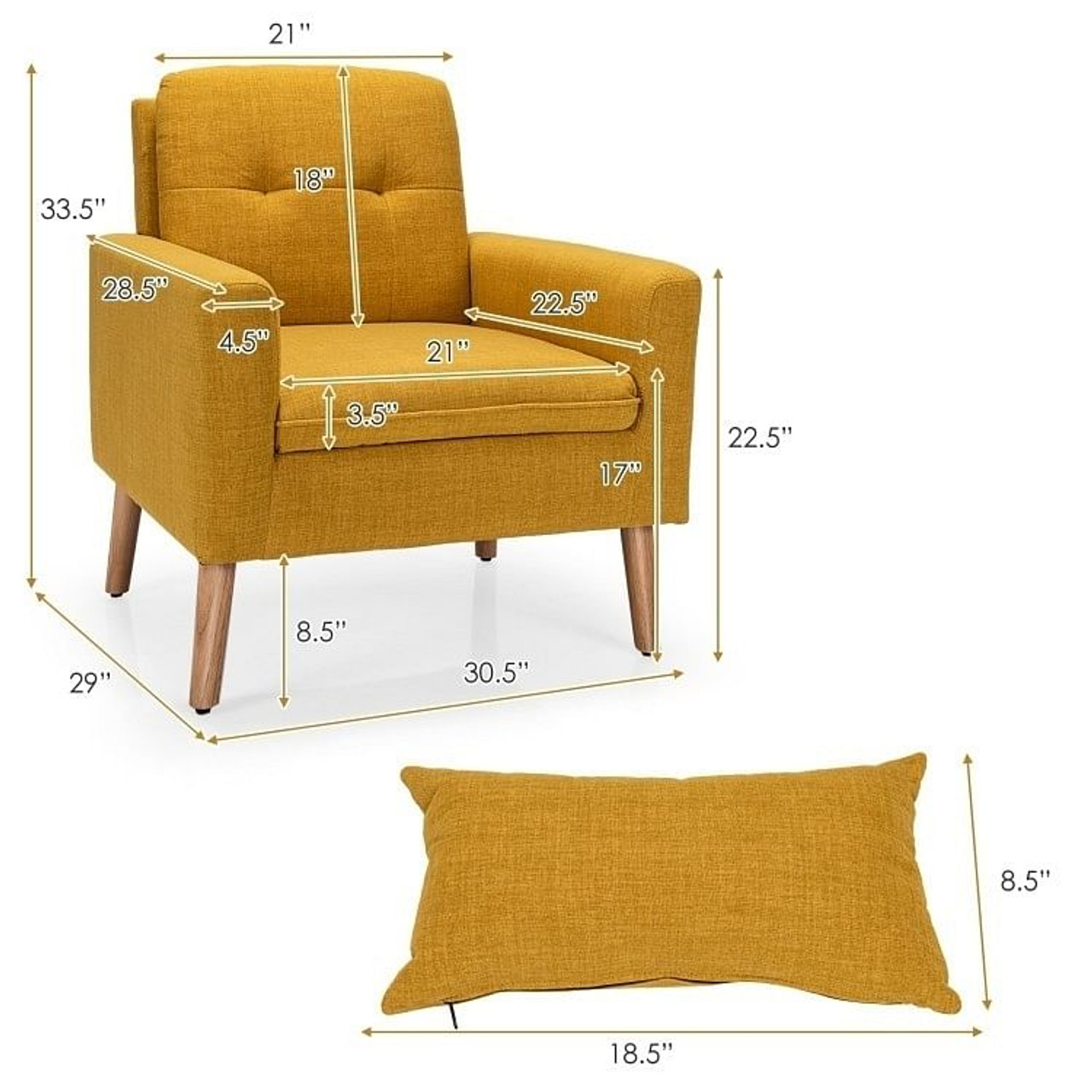 Yellow Linen Mid-Century Modern Living Room Accent Chair with Pillow