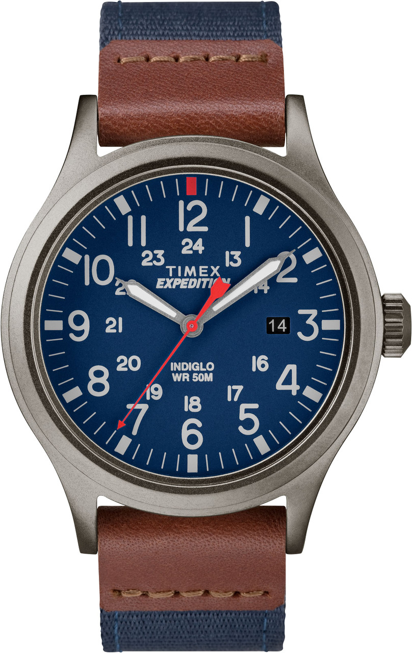 Timex TW4B14100 Men's Expedition   Scout Navy Blue Nylon Strap with Brown Leather Trim Watch