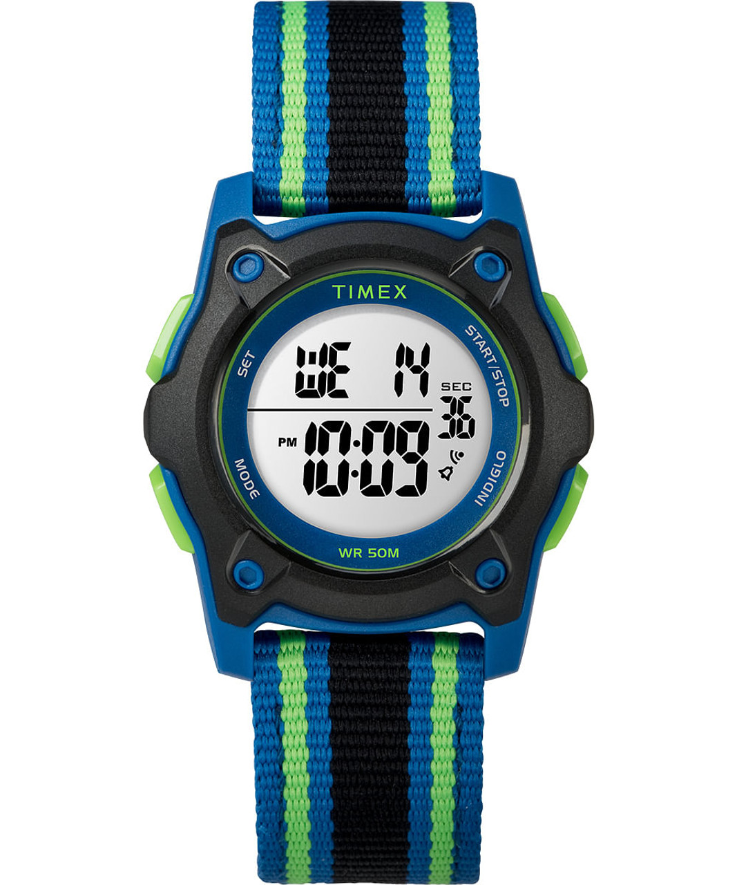 Timex TW7C26000 Youth Digital Blue/Green/Black Striped Nylon Strap Watch