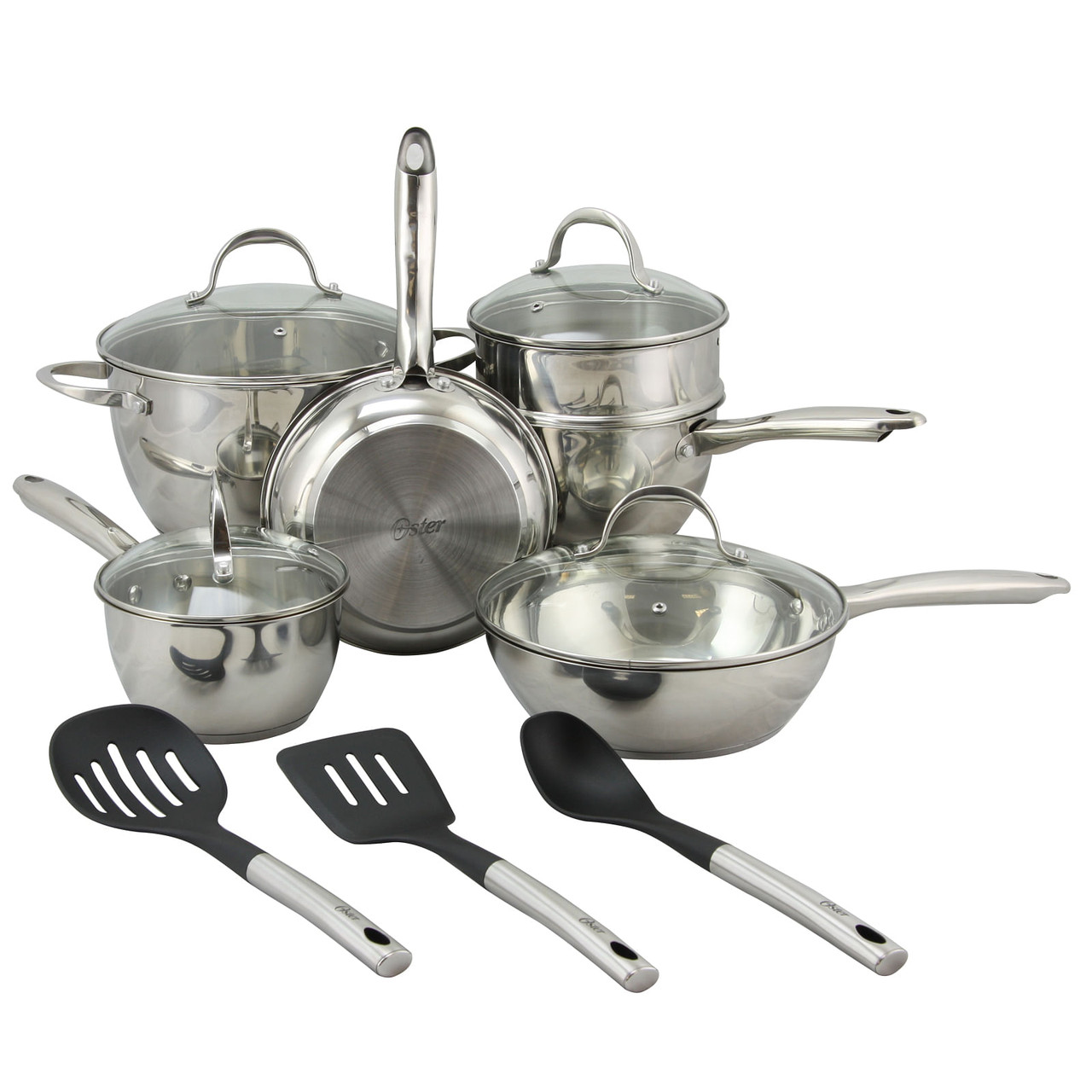 Oster Ridgewell 13 piece Stainless Steel  Belly Shape Cookware Set in Silver Mirror Polish with Hol