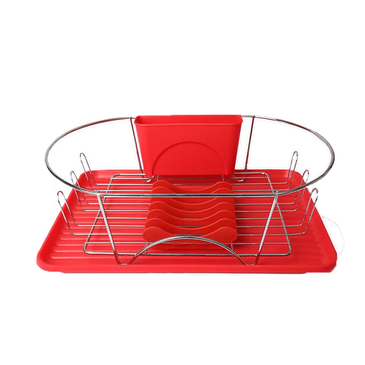 MegaChef 17 Inch Red and Silver Dish Rack with Detachable Utensil holder and a 6 Attachable Plate P