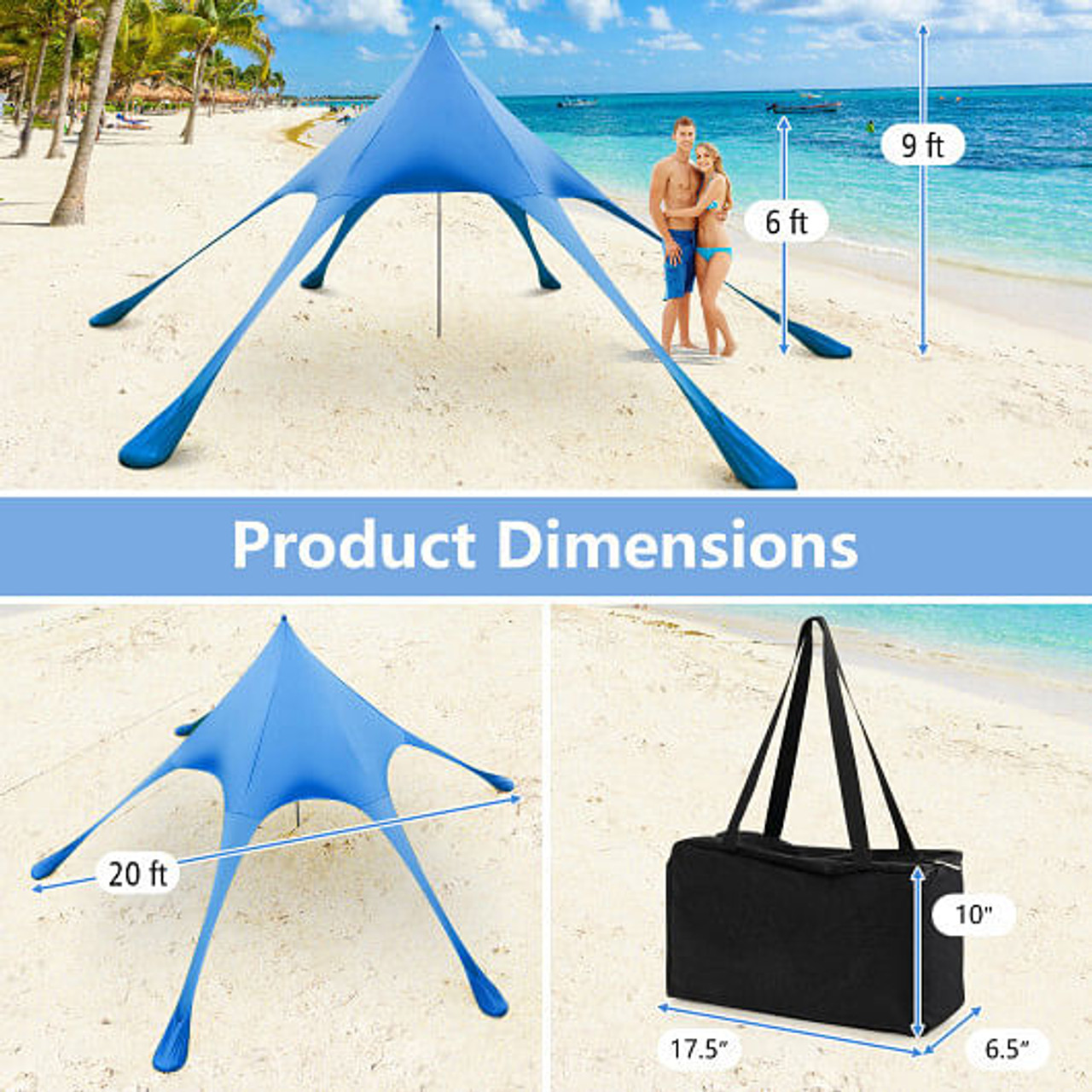 20 x 20 Feet Beach Canopy Tent with UPF50+ Sun Protection and Shovel-Blue 20 x 20 Feet Beach Canopy Tent with UPF50+ Sun Protection and Shovel-Blue