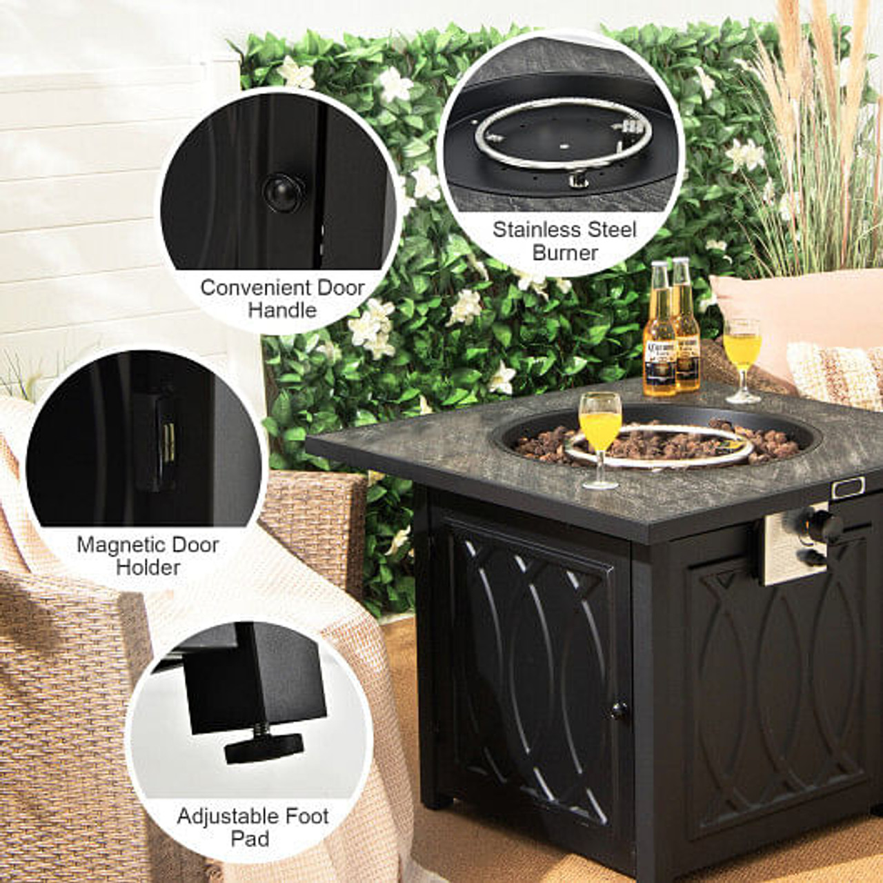 32 Inch Propane Fire Pit Table Square Tabletop with Lava Rocks Cover 50000 BTU-Black