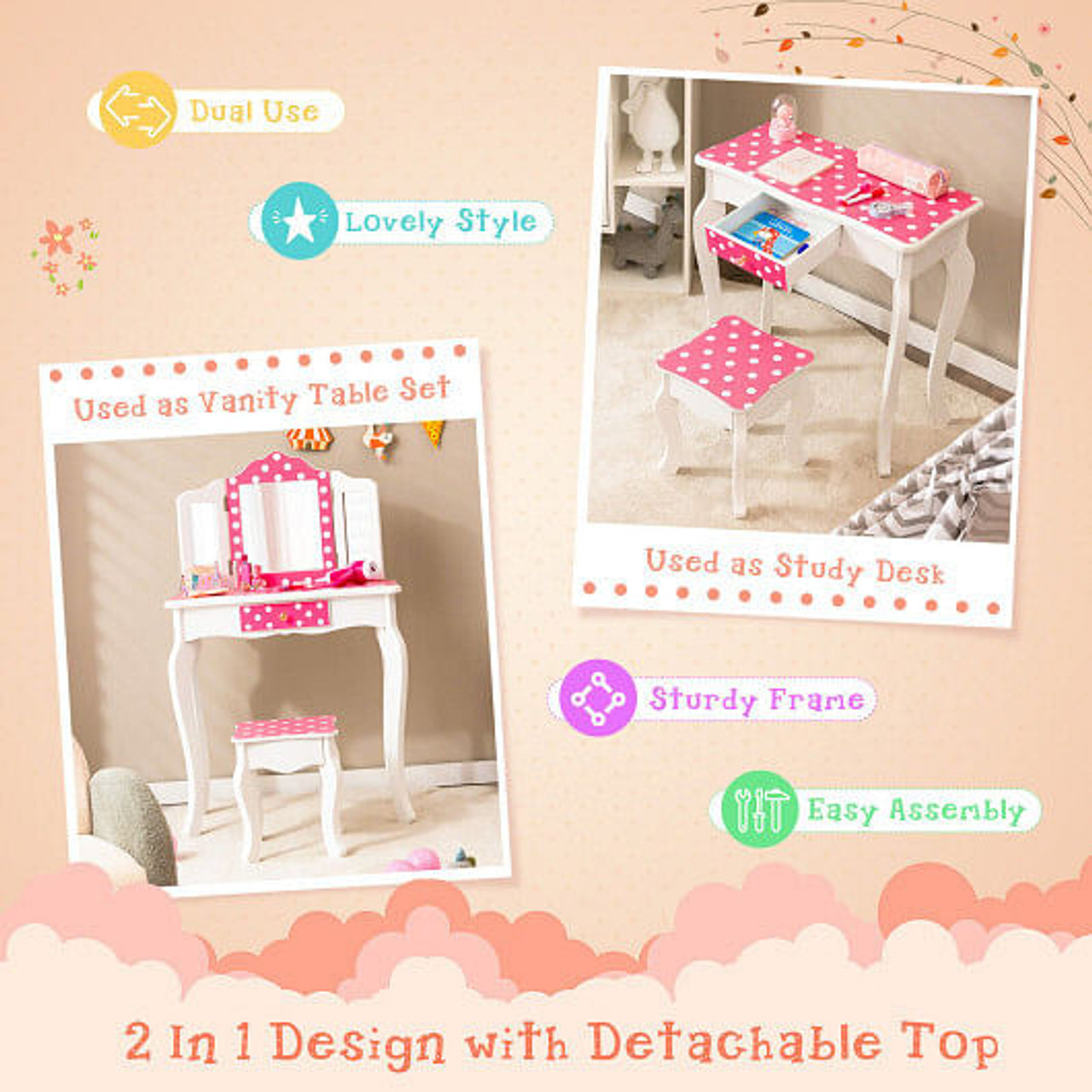 Kids Vanity Table and Stool Set with Cute Polka Dot Print-Pink