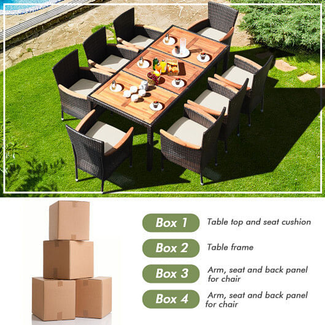 9 Pieces Rattan Dining Set with Acacia Wood Table and Stackable Cushioned Chairs