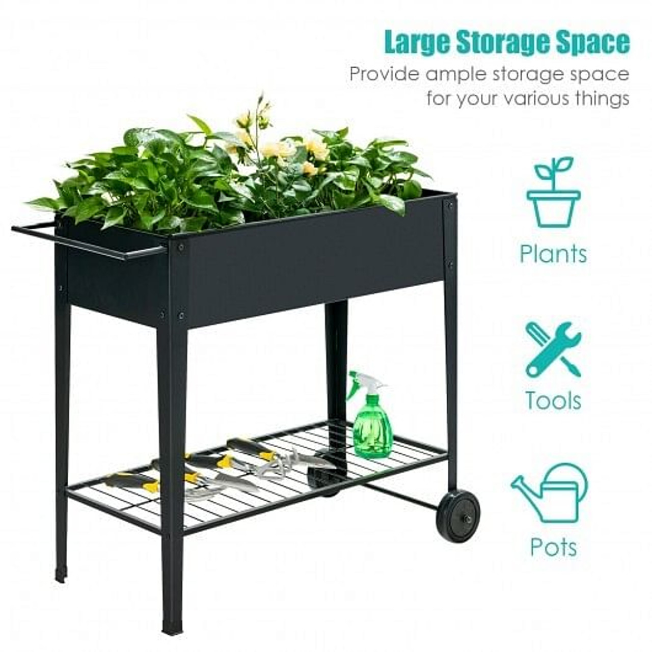 Raised Garden Bed Elevated Planter Box on Wheels Steel Planter with Shelf-Black