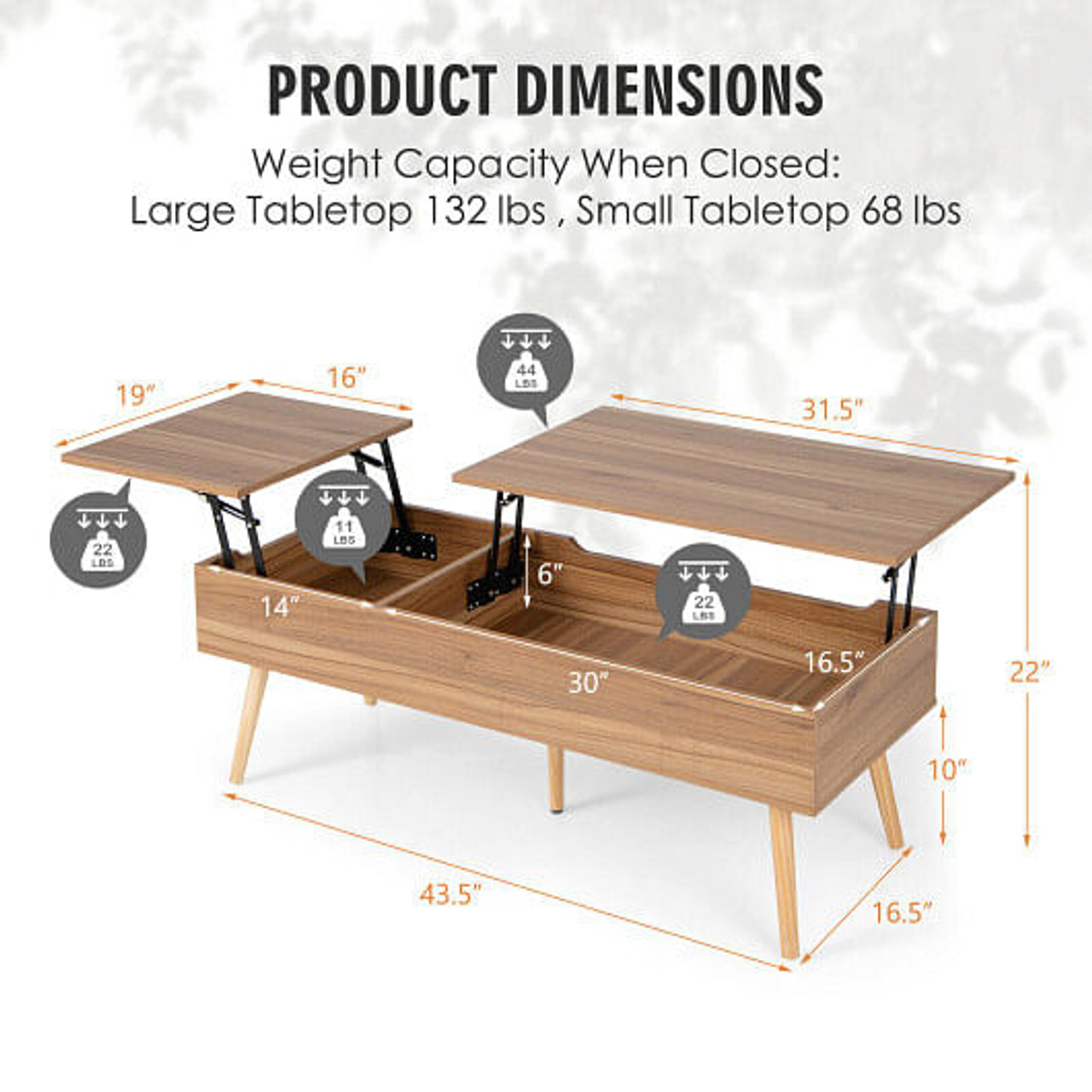 47 Inch Lift Top Coffee Table with 2 Hidden Compartments-Brown