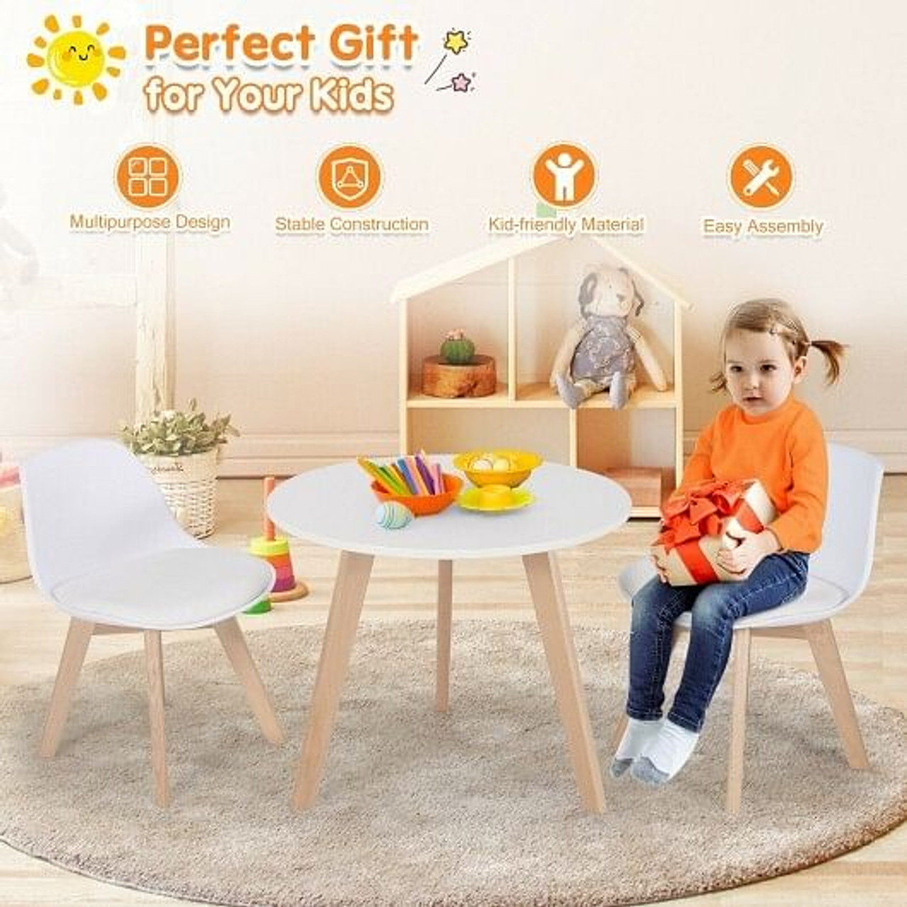 Modern Kids Activity Play Table and 2 Chairs Set with Beech Leg Cushion-White