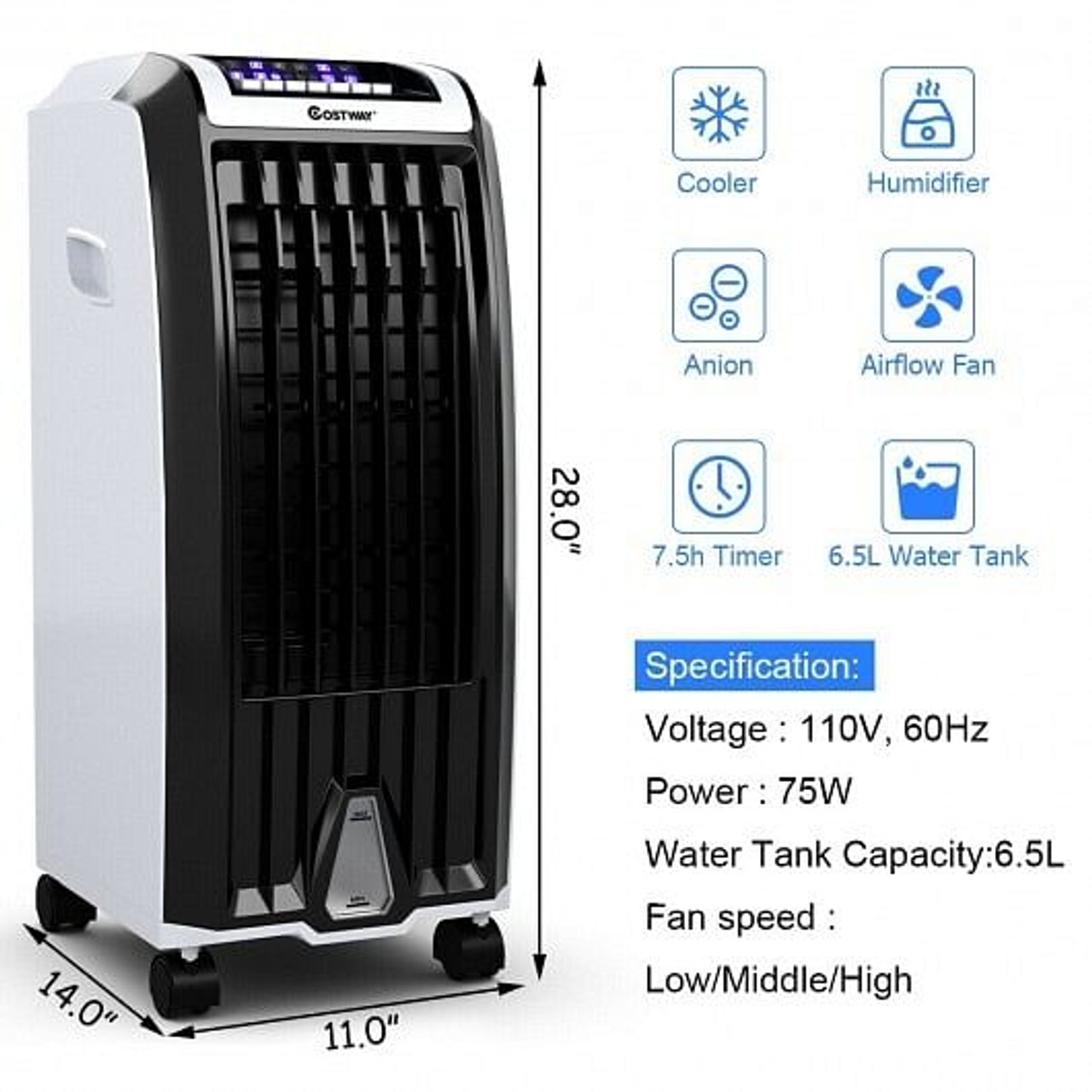 Portable Evaporative Air Cooler with 3 Wind Modes and Timer for Home Office