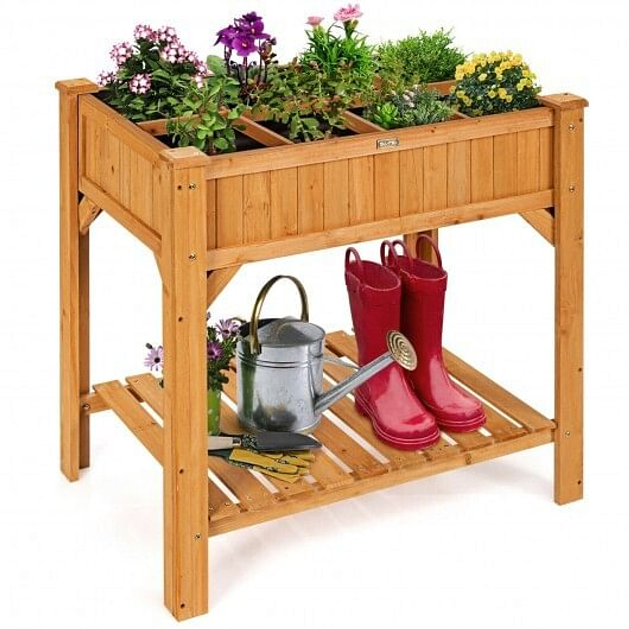 8 Grids Wood Elevated Garden Planter Box Kit with Liner and Shelf