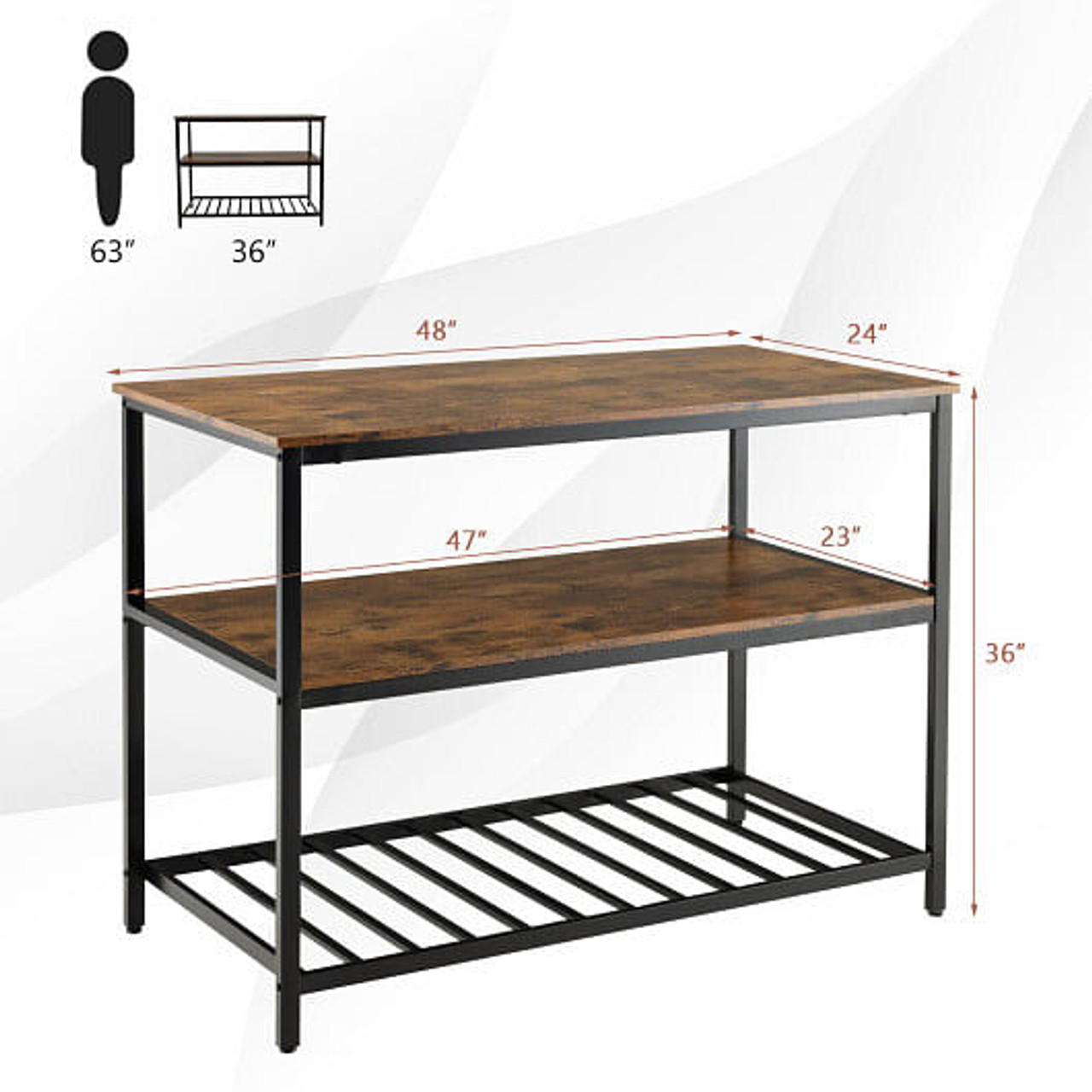 3 Shelves Kitchen Island Industrial Prep Table with Bottom Wine Rack-Rustic Brown