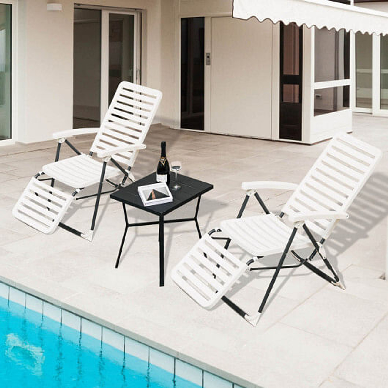 PP Folding Patio Chaise Lounger with 7-Level Backrest and Cozy Footrest