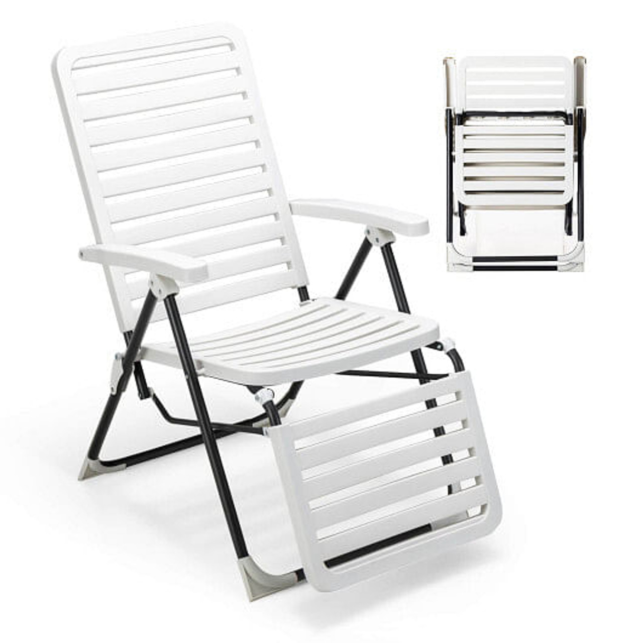 PP Folding Patio Chaise Lounger with 7-Level Backrest and Cozy Footrest