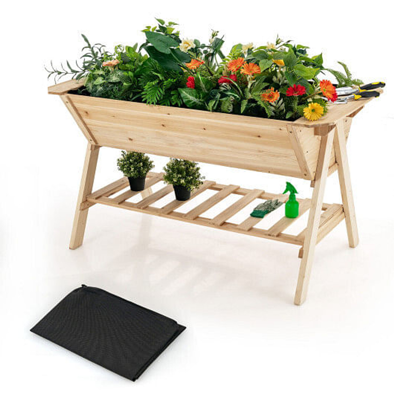 Raised Wood Garden Bed with Shelf and Liner