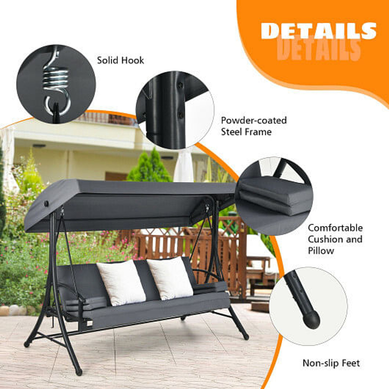 3-Seat Patio Outdoor Swing with Adjustable Tilt Canopy-Gray