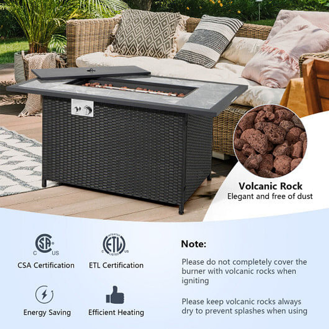 52 Inch Rattan Wicker Propane Fire Pit Table with Rain Cover and Lava Rock-Black