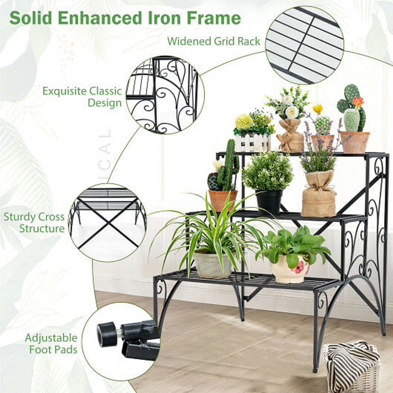 3-Tier Metal Plant Stand with Widened Grid Shelf for Porch Garden-Black