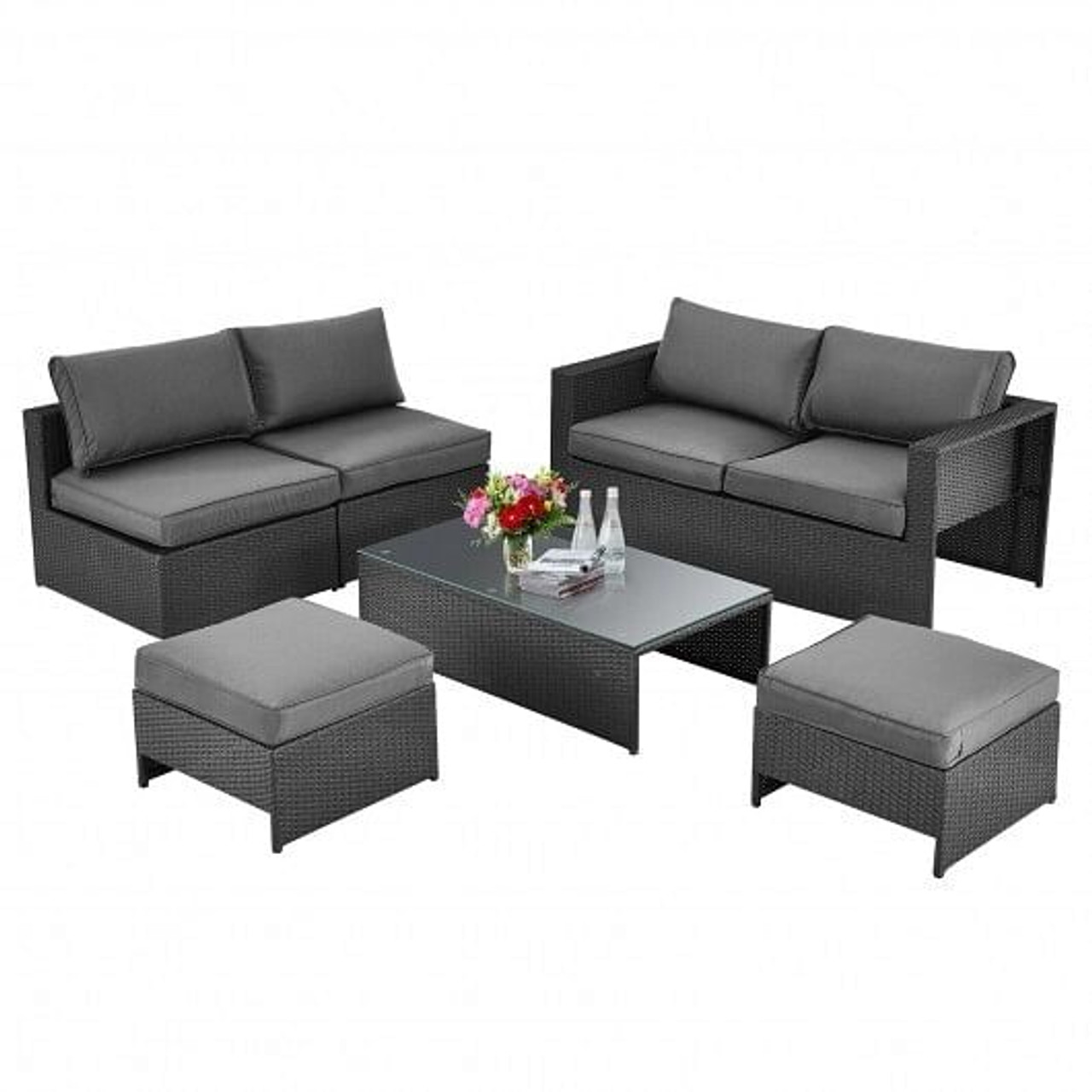 6 Pieces Patio Rattan Furniture Set with Glass Table and Cushioned Seat-Gray