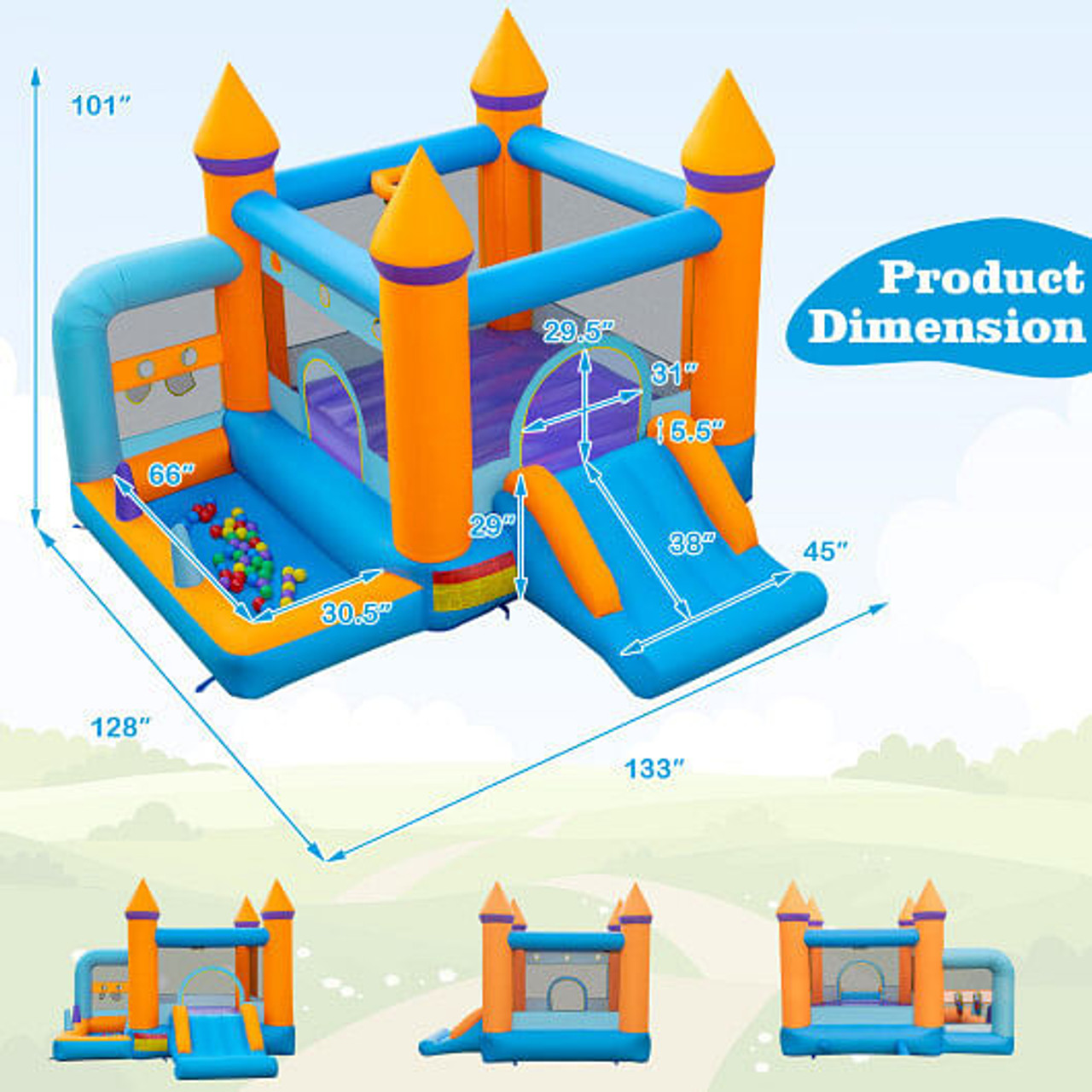 5-in-1 Inflatable Bounce Castle with Ocean Balls and 735W Blower