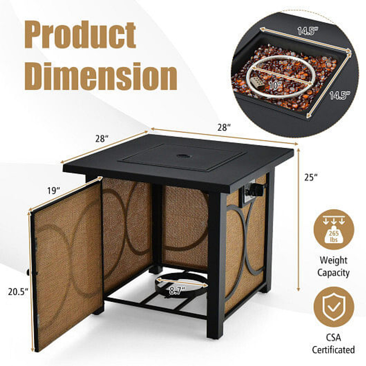 28 Inch 50000 BTU Outdoor Square Fire Pit Table with Cover