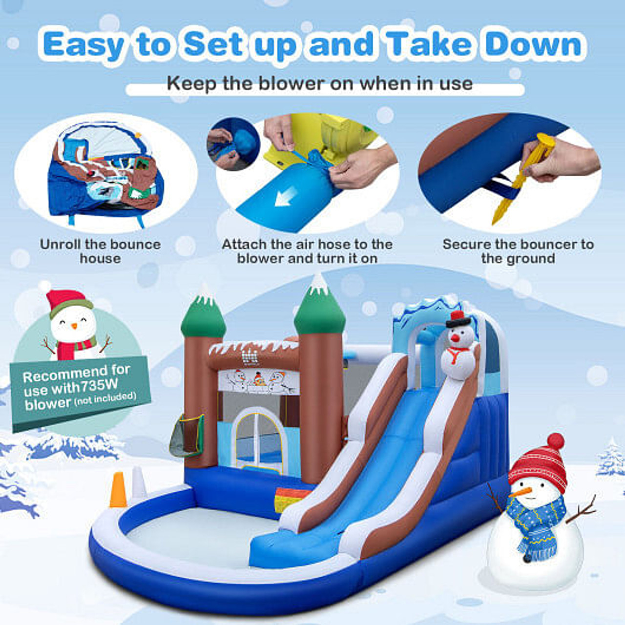 6-in-1 Winter Theme Snowman Inflatable Castle with Slide and Trampoline without Blower