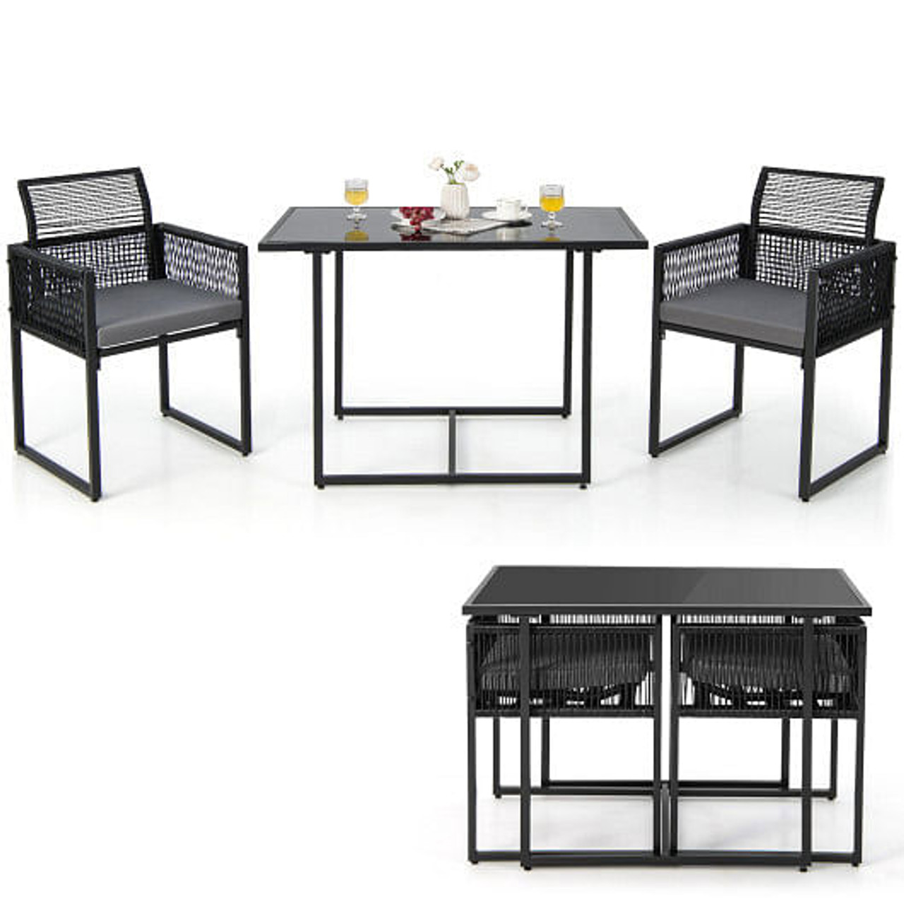 3 Pieces Outdoor Dining Set with Folding Backrest and Seat Cushions-Black