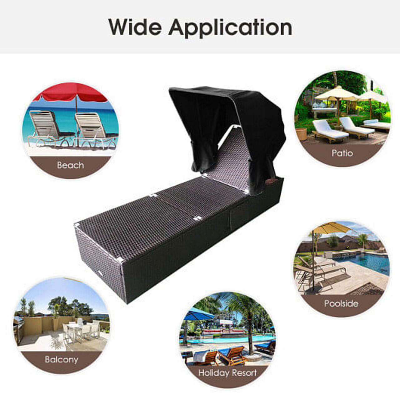 Outdoor Adjustable Cushioned Chaise Lounge Chair with Folding Canopy-Black