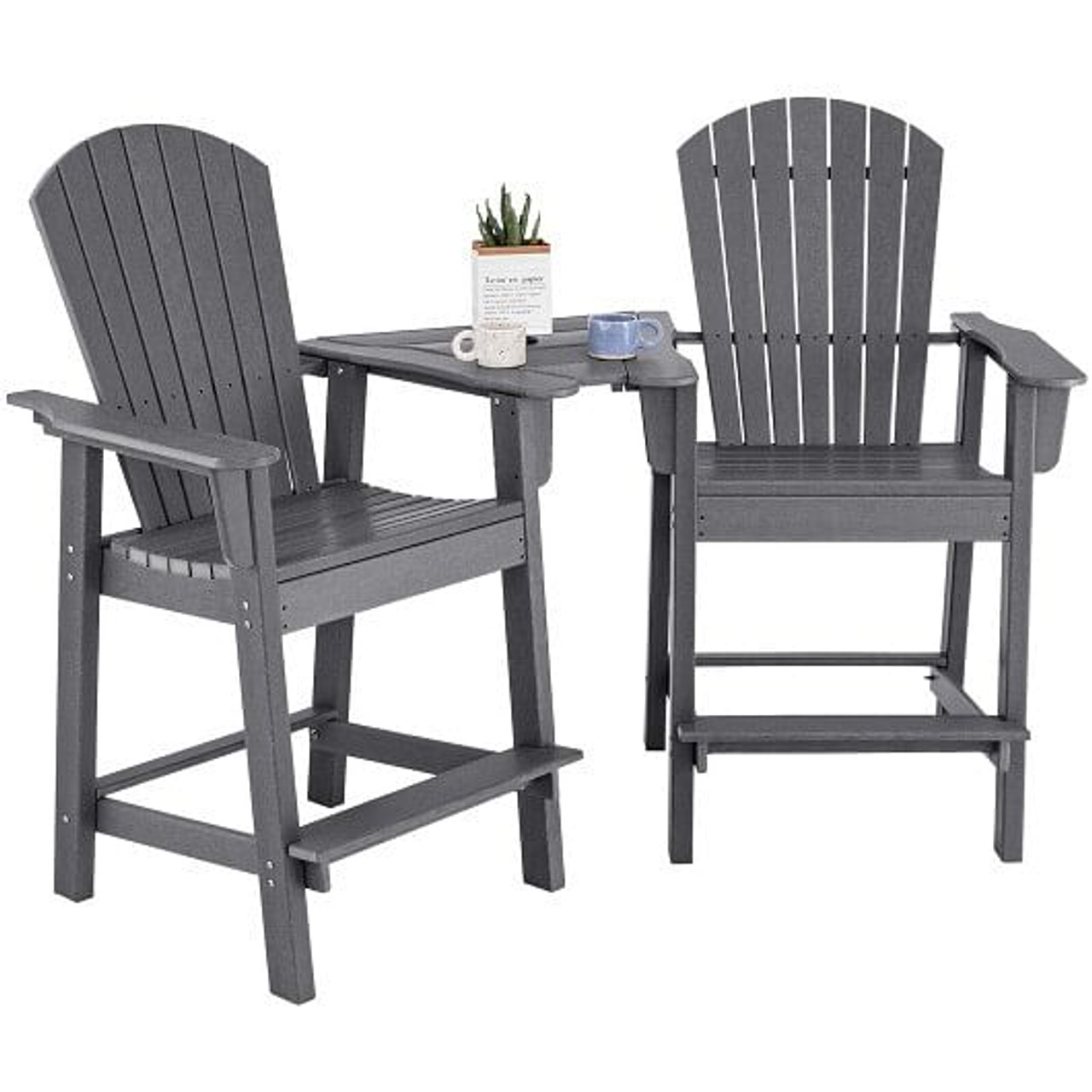 2 Pieces HDPE Tall Adirondack Chair with Middle Connecting Tray-Black