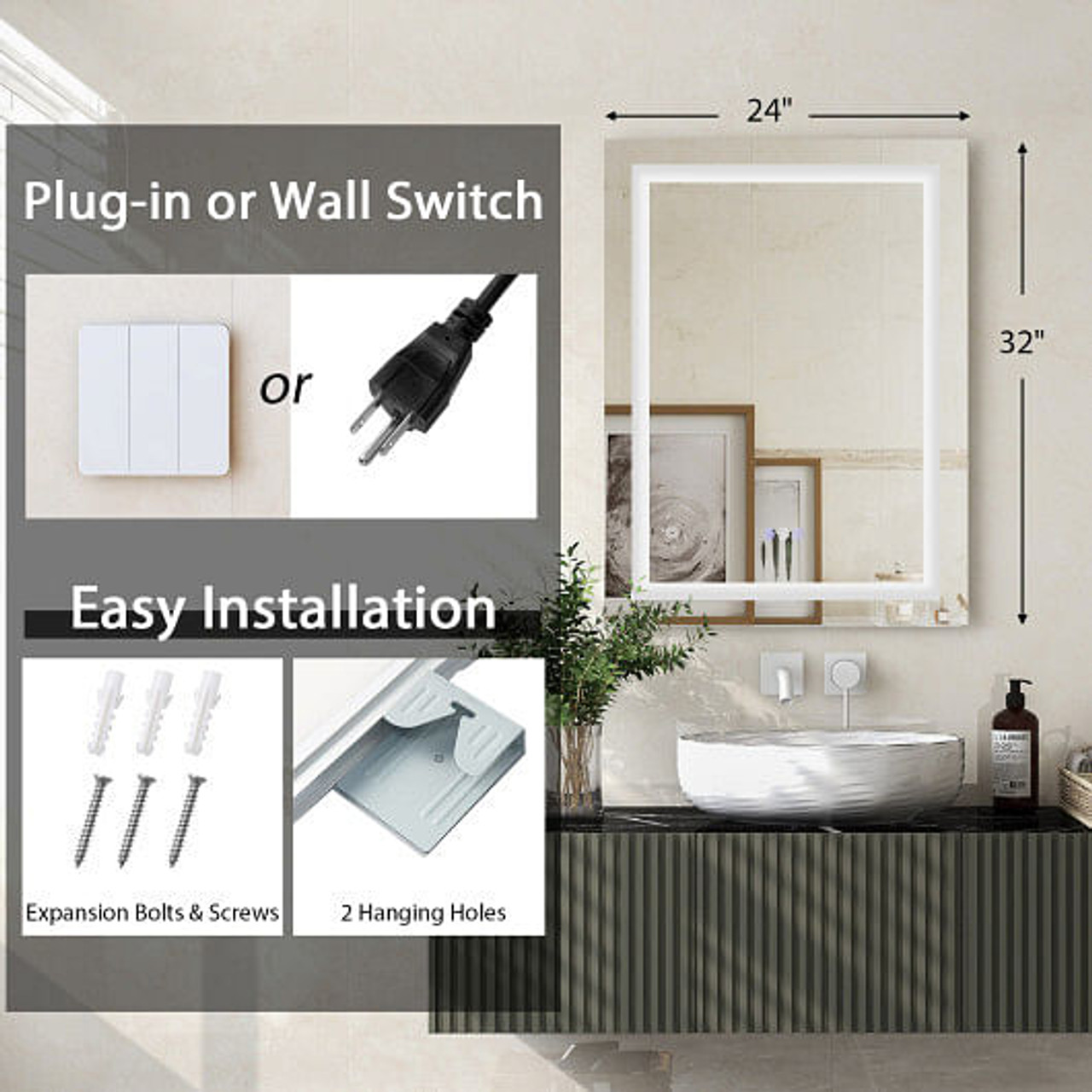 32 Inch x 24 Inch Bathroom Anti-Fog Wall Mirror with Colorful Light