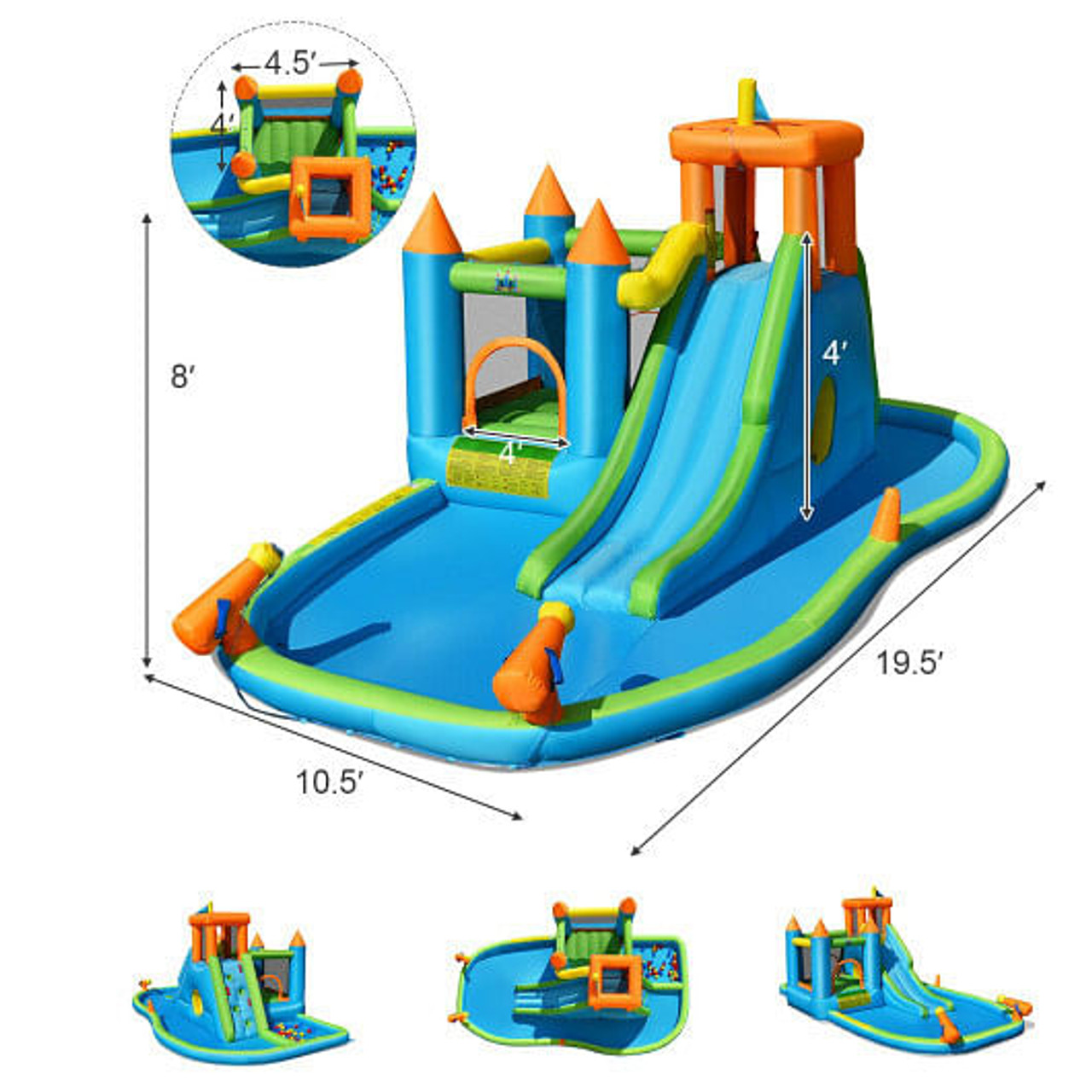 Inflatable Water Slide Kids Bounce House Splash Water Pool with 735W Blower