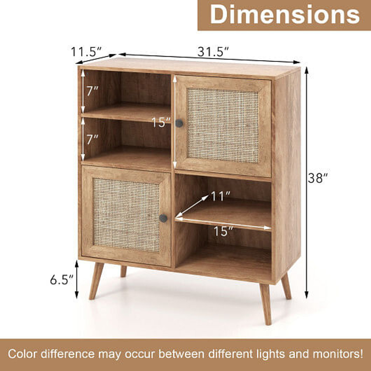 Rattan Buffet Cabinet with 2 Doors and 2 Cubbies-Natural