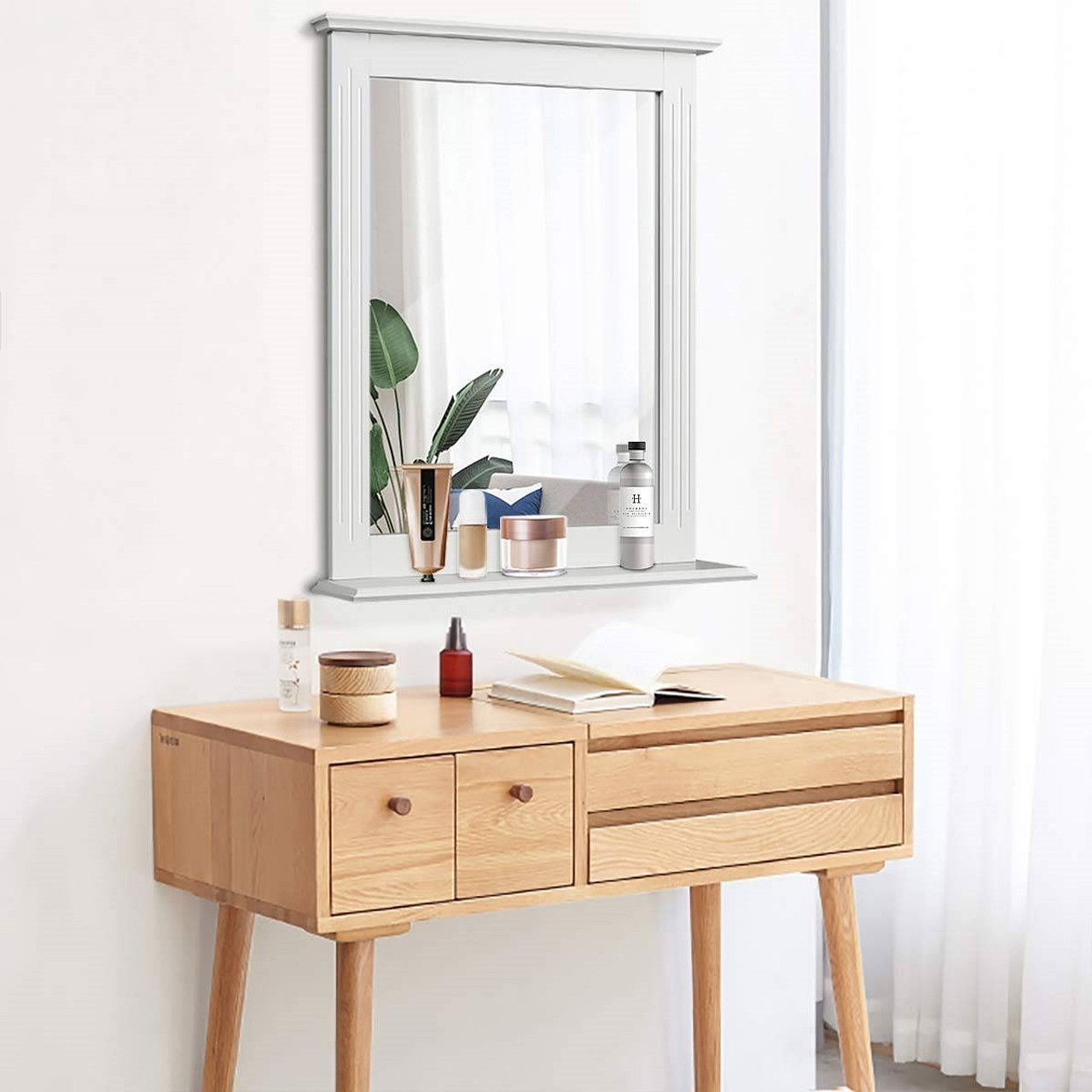 White Rectangle Bedroom Bathroom Vanity Wall Mirror with Bottom Shelf