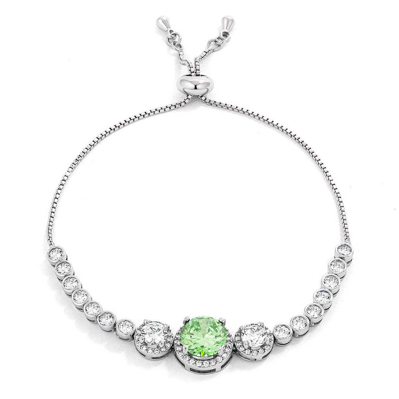 Adjustable Light Green & Clear CZ Bolo Style Tennis Bracelet