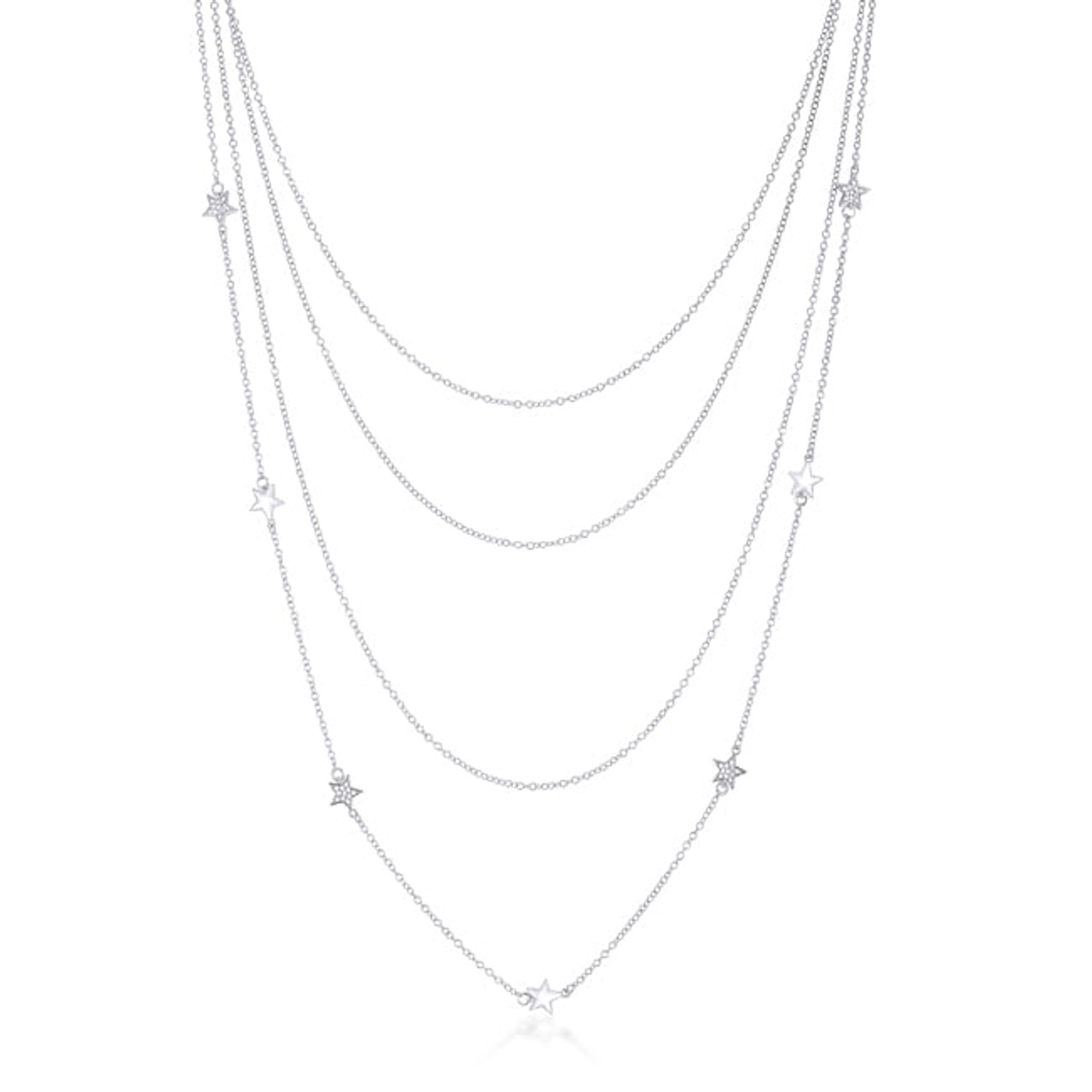 Multi-Chain Rhodium Star Necklace with CZ