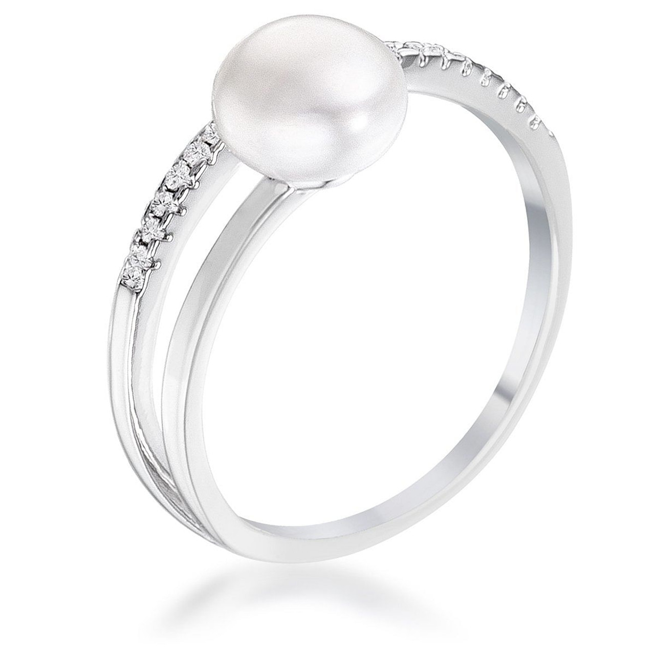 .15Ct Rhodium Plated Freshwater Pearl Ring With CZ Micro Pave Band