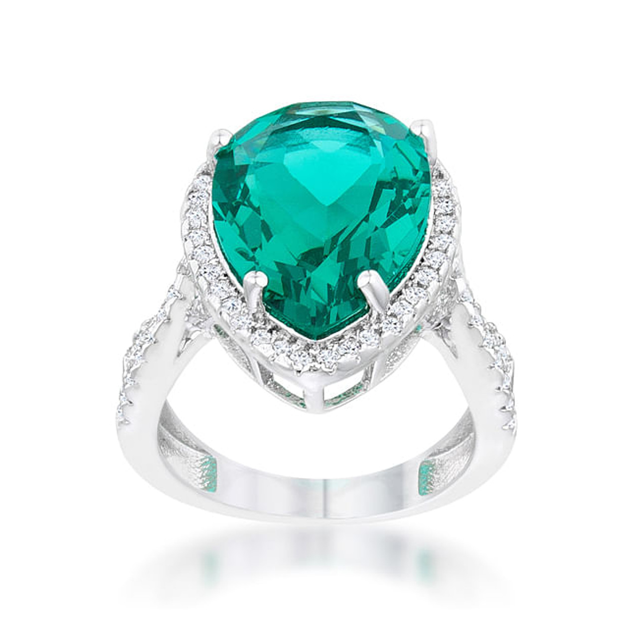 Laura 9.9ct Blue Green CZ Rhodium Classic Teardrop Ring