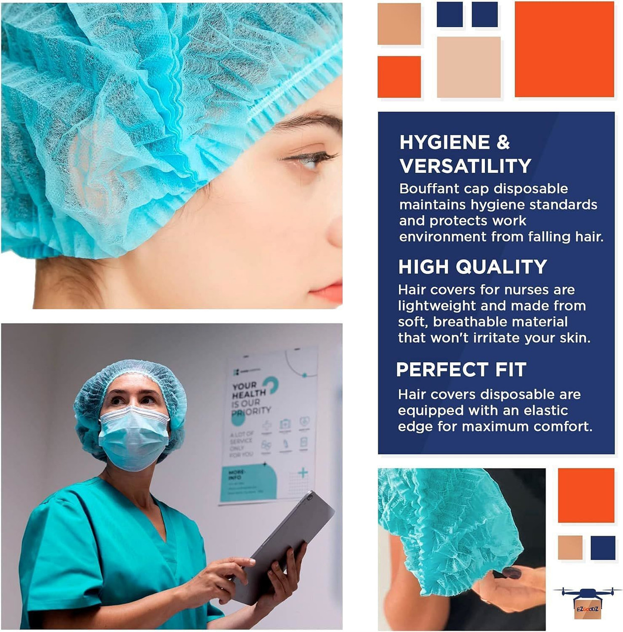 Blue Pleated Bouffant Hair Nets 24'; Disposable Hair Covers for Nurses Pack of 1000; Breathable Pol