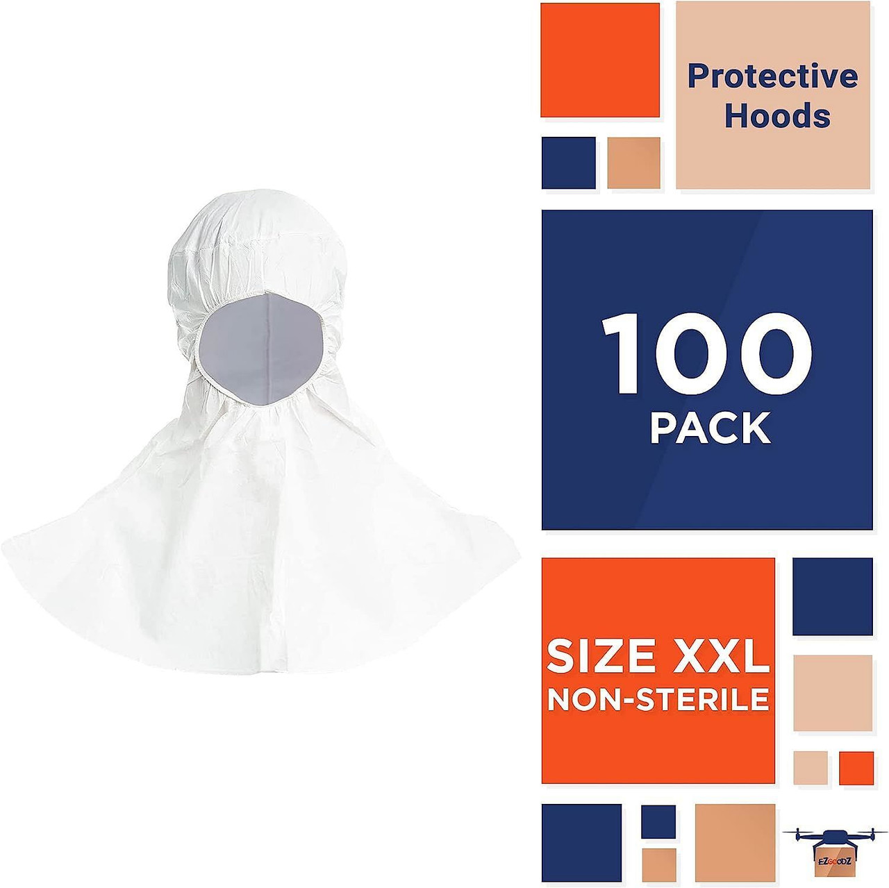 Protective Hoods in Bulk. Pack of 100 Non-Sterile White XX-Large Microporous 60 gsm Hooded Caps. Di