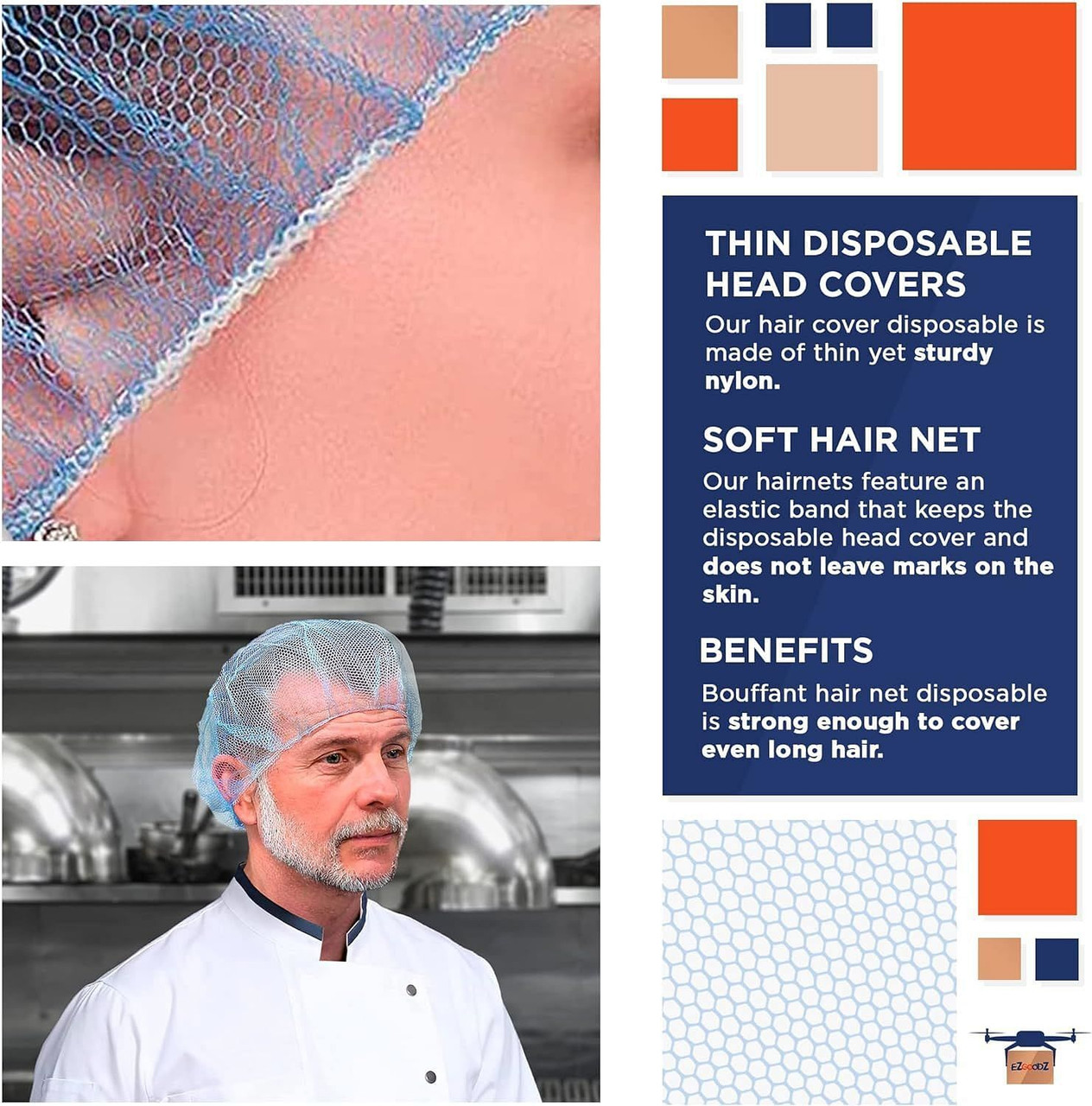 EZGOODZ Disposable Hair Net with Elastic Edge; Thin Nylon Bouffant Caps Disposable; Unisex Stretcha
