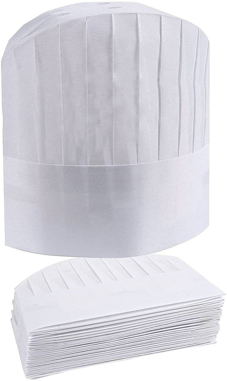 White Chef Hats; 12" Tall. Pack of 10 Viscose Hair Covers with Pleats. Disposable Non-Woven Lightwe
