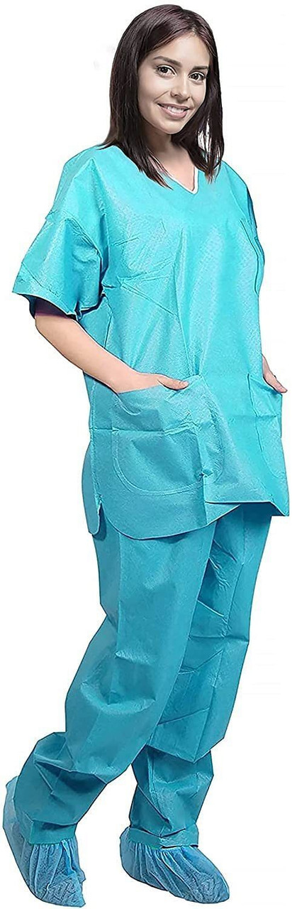 Disposable Scrubs Top and Bottom. Polypropylene Shirts and Paper Scrubs 42 GSM. XX-Large Teal with 