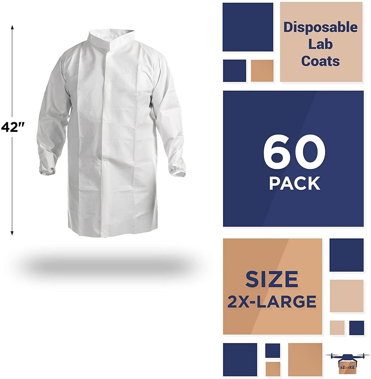 Disposable Lab Coats 40" Long. Pack of 60 White Large PPE Gowns with Stand-Collar; Elastic Wrists; 