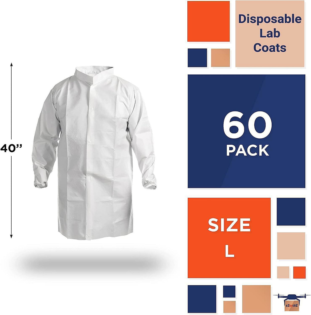 Disposable Lab Coats 40" Long. Pack of 60 White Large PPE Gowns with Stand-Collar; Elastic Wrists; 