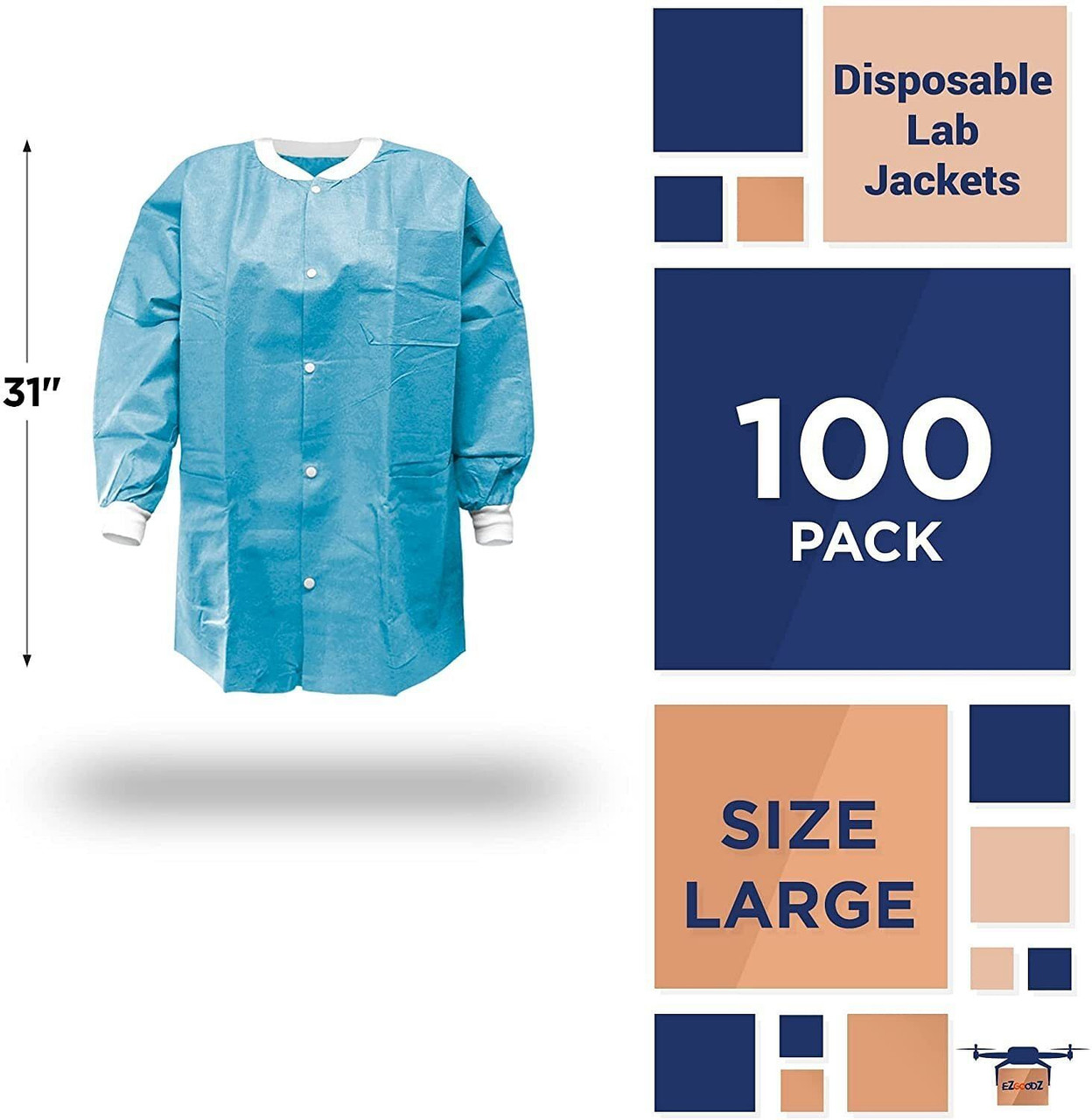 Disposable Lab Jackets; 33" Long. Pack of 100 Blue Hip-Length Work Gowns XX-Large. SMS 50 gsm Shirt