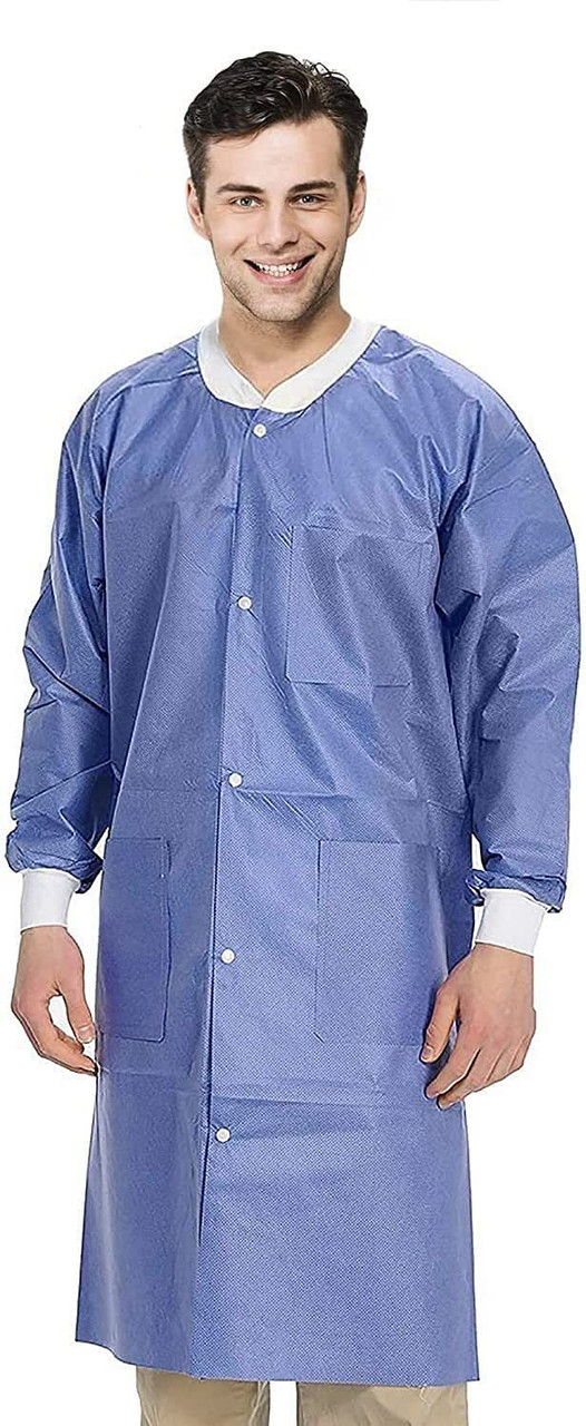 Disposable Lab Coat. Pack of 10 Blue Disposable Gowns Medium. 40 gsm SMS Surgical Gowns with Knit W